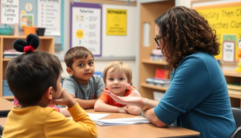 Teacher calmly addressing a classroom challenge in a safe learning environment Teacher calmly addressing a classroom challenge in a safe learning environment