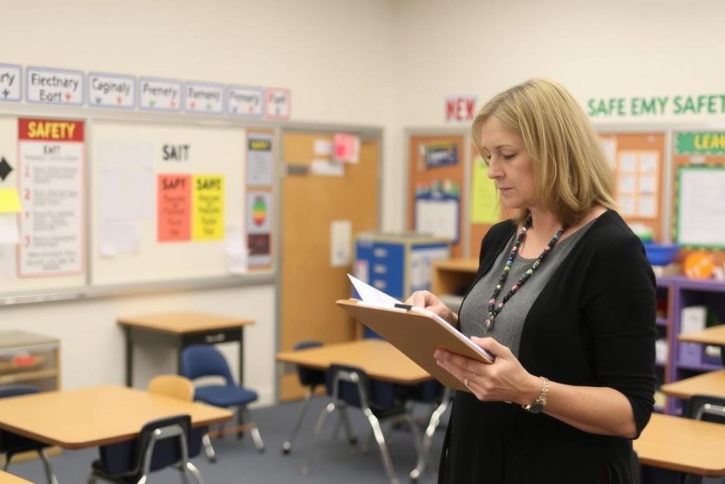 Teacher conducting a classroom safety assessment as part of Safe Environment Model implementation Teacher conducting a classroom safety assessment as part of Safe Environment Model implementation