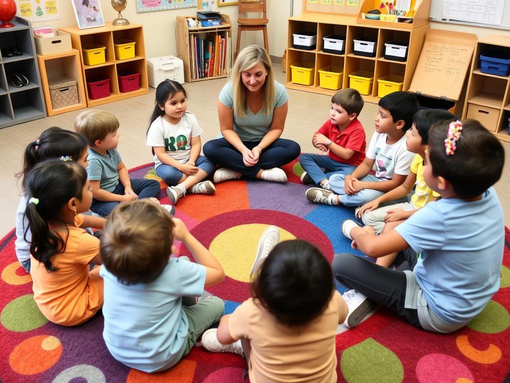 Teacher conducting a morning meeting circle with students to build community and emotional safety Teacher conducting a morning meeting circle with students to build community and emotional safety