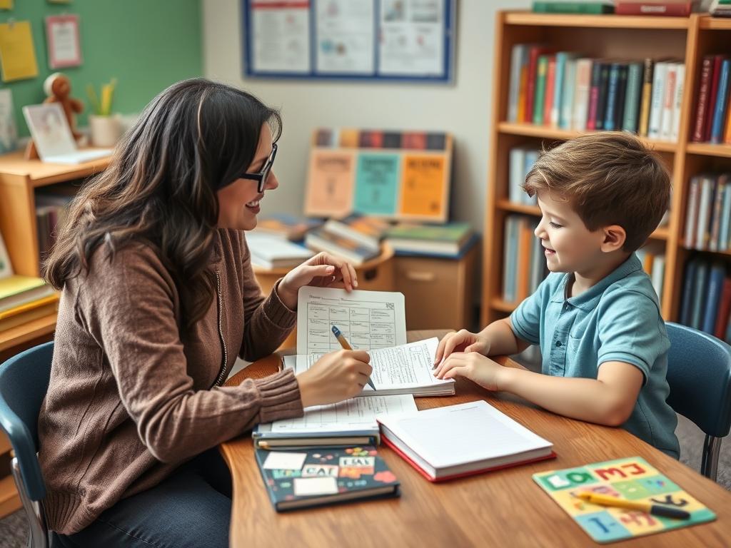 Teacher conferencing with a student about reading comprehension while reviewing assessment data