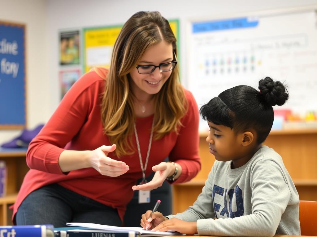 Teacher conferencing with a student who is overcoming learning challenges through high expectations Teacher conferencing with a student who is overcoming learning challenges through high expectations
