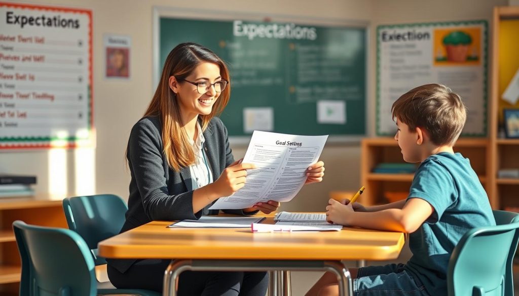 Teacher conferencing with a student who is struggling to meet expectations