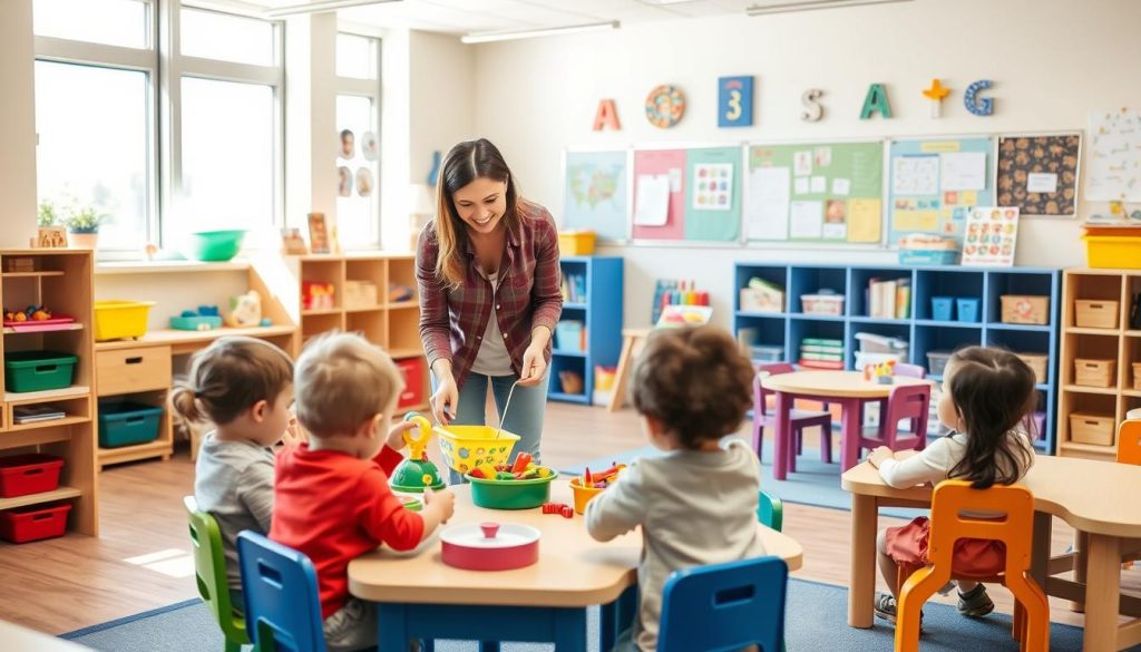 Teacher creating a safe and engaging classroom environment for early childhood education Teacher creating a safe and engaging classroom environment for early childhood education