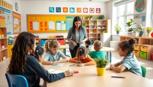 Teacher creating a safe environment model in a diverse classroom setting Teacher creating a safe environment model in a diverse classroom setting