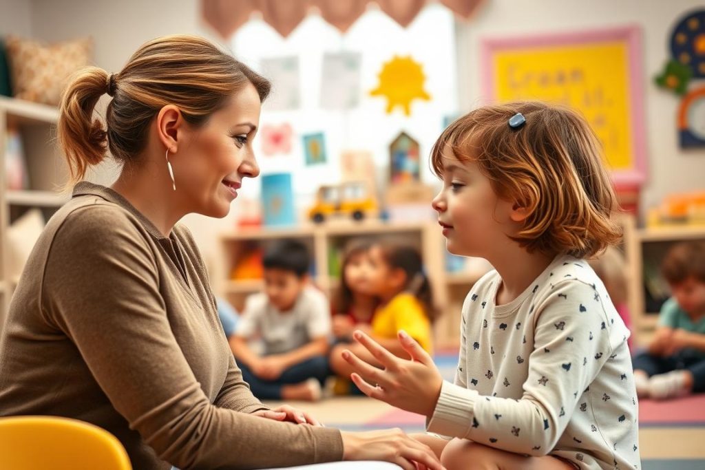 Teacher demonstrating emotional support in an early childhood safe environment Teacher demonstrating emotional support in an early childhood safe environment