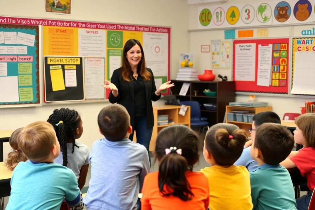 Teacher demonstrating positive behavior management skills in a diverse classroom setting Teacher demonstrating positive behavior management skills in a diverse classroom setting