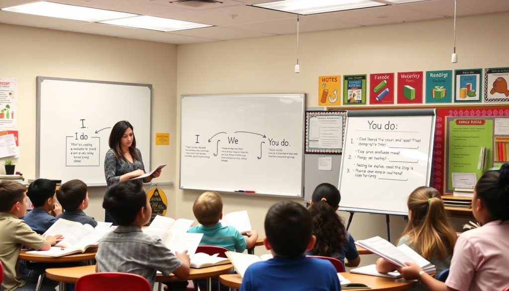Teacher demonstrating the 'I do, We do, You do' gradual release model for comprehension strategy instruction Teacher demonstrating the 'I do, We do, You do' gradual release model for comprehension strategy instruction