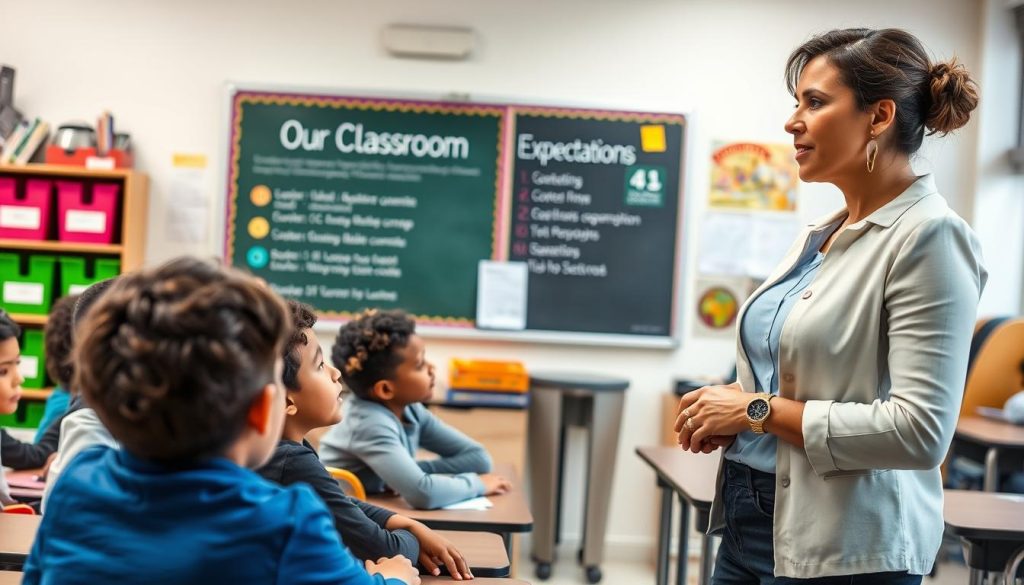 Teacher discussing classroom expectations with diverse group of students