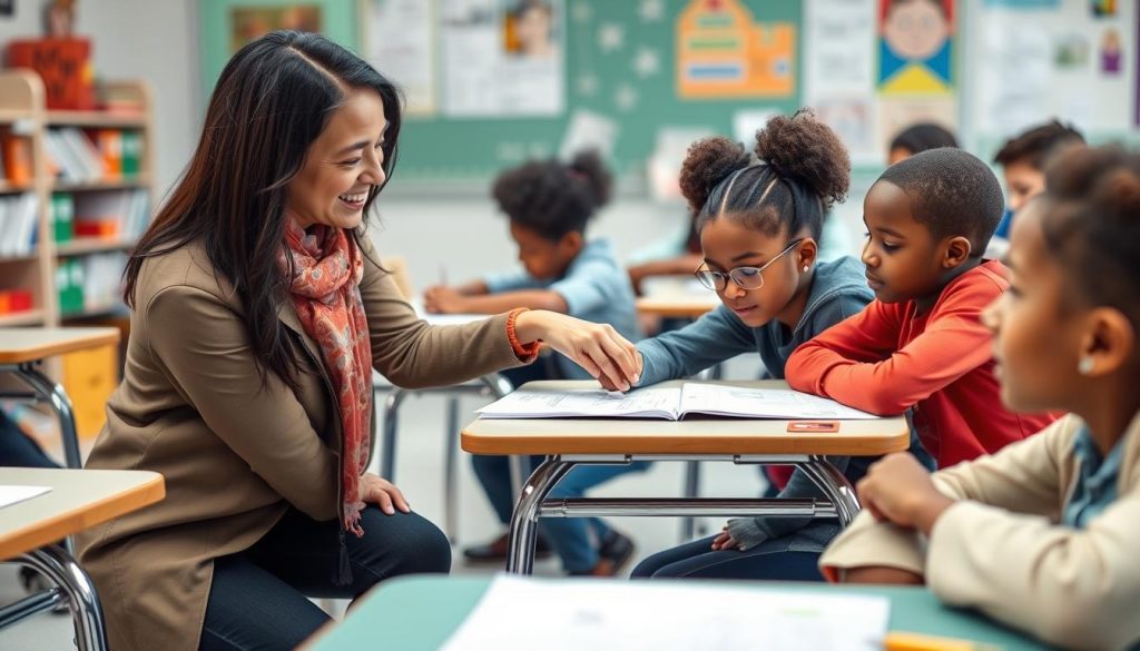 Teacher encouraging diverse students in a classroom setting, demonstrating the Power of High Expectations