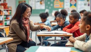 Teacher encouraging diverse students in a classroom setting, demonstrating the Power of High Expectations