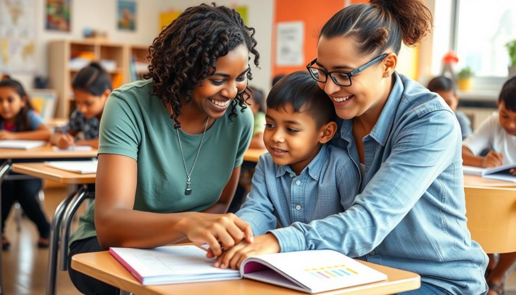 Teacher engaging with diverse students in a classroom setting high expectations