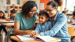 Teacher engaging with diverse students in a classroom setting high expectations