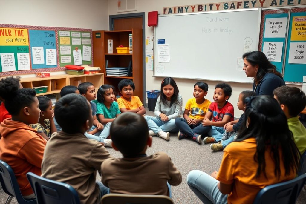 Teacher facilitating a classroom community circle discussion Teacher facilitating a classroom community circle discussion