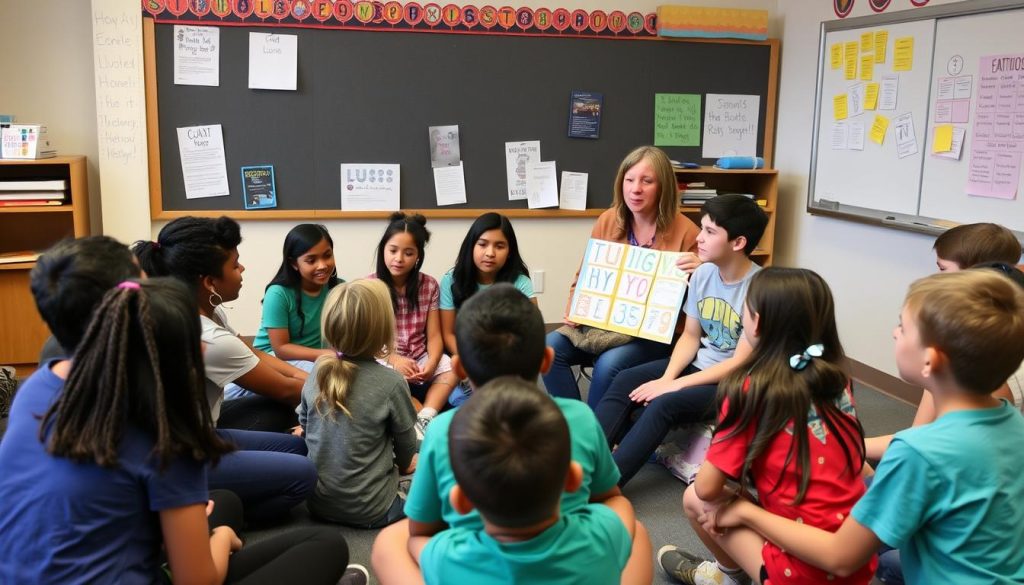 Teacher facilitating a social-emotional learning activity in a safe learning environment Teacher facilitating a social-emotional learning activity in a safe learning environment