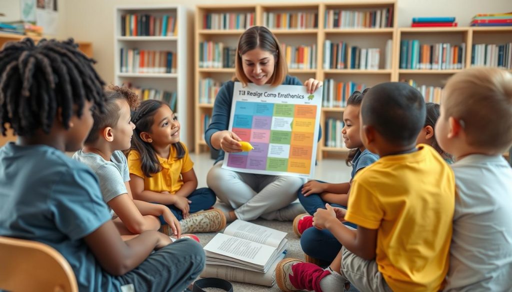 Teacher guiding students through reading comprehension activities in a classroom setting Teacher guiding students through reading comprehension activities in a classroom setting