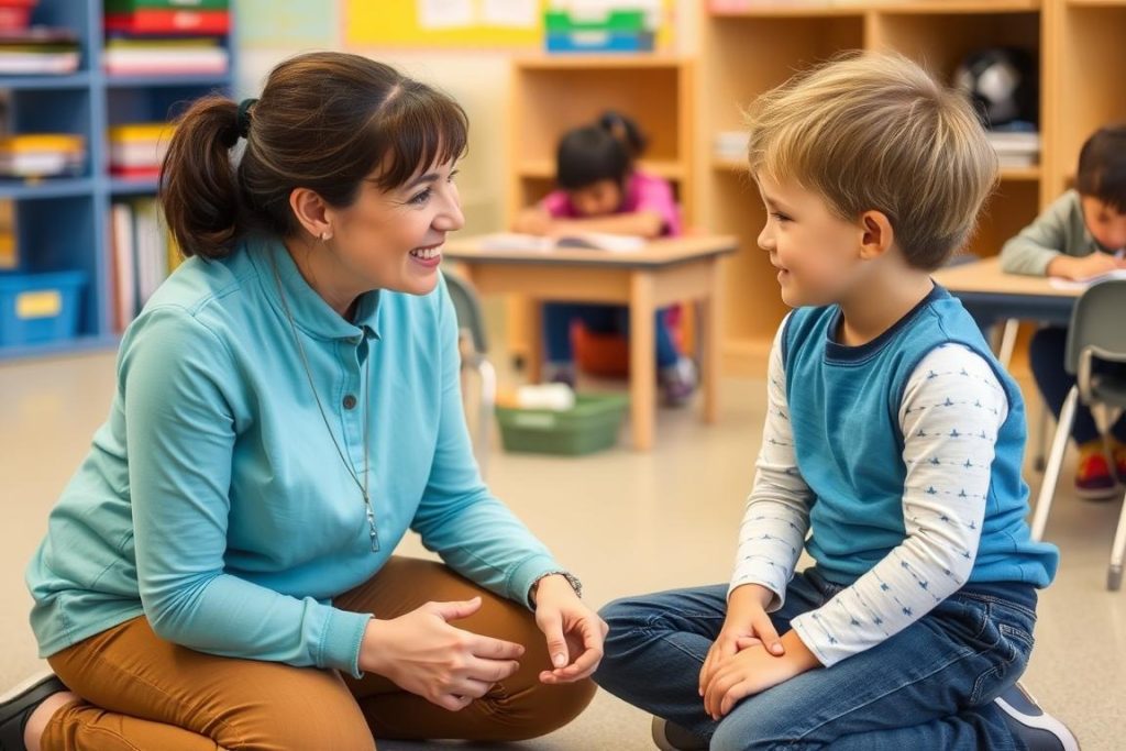 Teacher having a one-on-one conversation with a student in a safe learning environment Teacher having a one-on-one conversation with a student in a safe learning environment