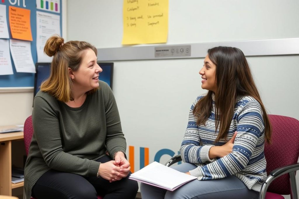 Teacher having a supportive conversation with a student in a safe environment Teacher having a supportive conversation with a student in a safe environment