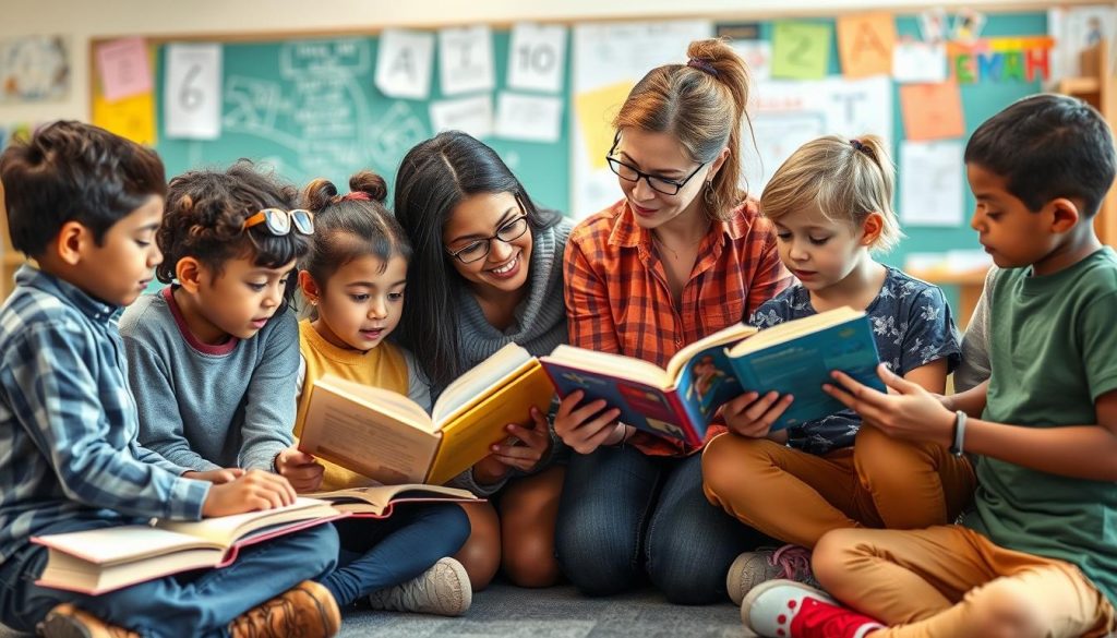 Teacher helping diverse students with reading comprehension activities in a classroom Teacher helping diverse students with reading comprehension activities in a classroom