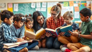 Teacher helping diverse students with reading comprehension activities in a classroom Teacher helping diverse students with reading comprehension activities in a classroom