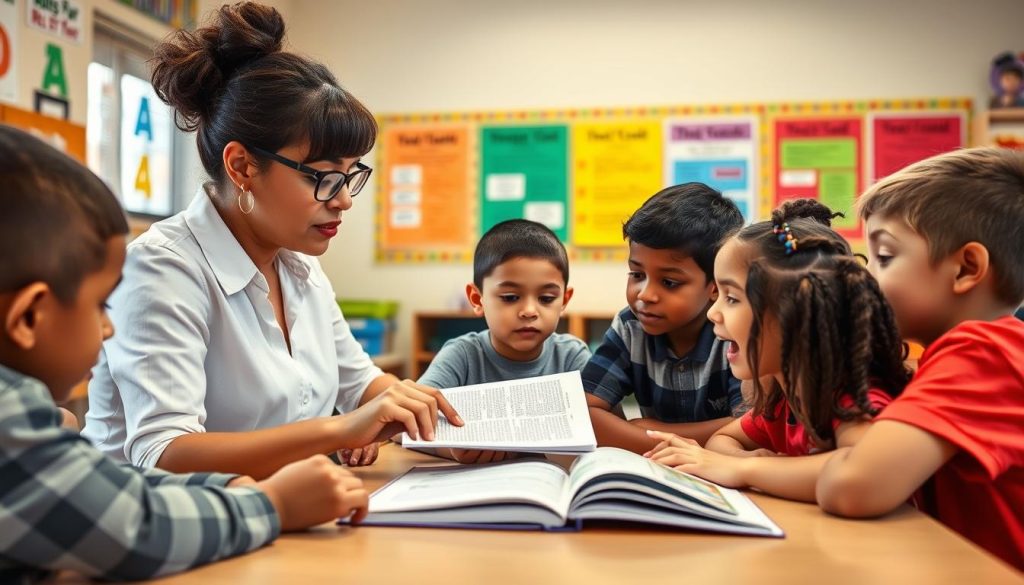 Teacher helping students develop reading comprehension skills in a classroom setting Teacher helping students develop reading comprehension skills in a classroom setting