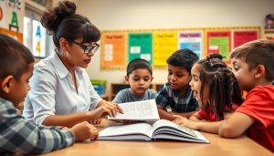 Teacher helping students develop reading comprehension skills in a classroom setting Teacher helping students develop reading comprehension skills in a classroom setting