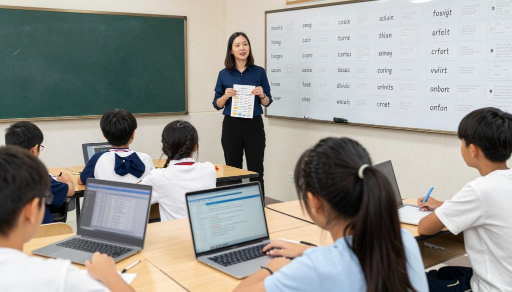Teacher implementing spaced repetition vocabulary review with students using digital and physical tools