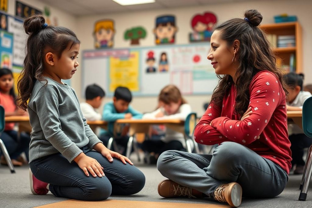 Teacher kneeling at eye level with a student, demonstrating active listening in a Safe and Valued Environment