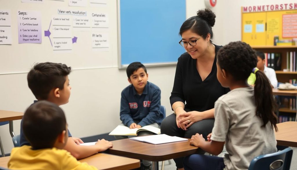 Teacher mediating a conflict resolution session between students in a safe environment Teacher mediating a conflict resolution session between students in a safe environment