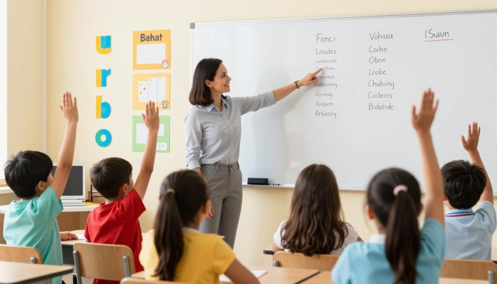 Teacher pointing to vocabulary words on a classroom whiteboard with engaged students