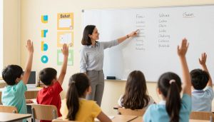 Teacher pointing to vocabulary words on a classroom whiteboard with engaged students