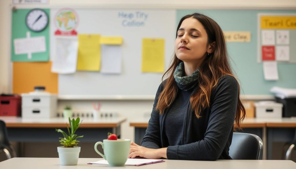 Teacher practicing mindfulness at her desk during a prep period, modeling self-care in a Safe and Valued Environment