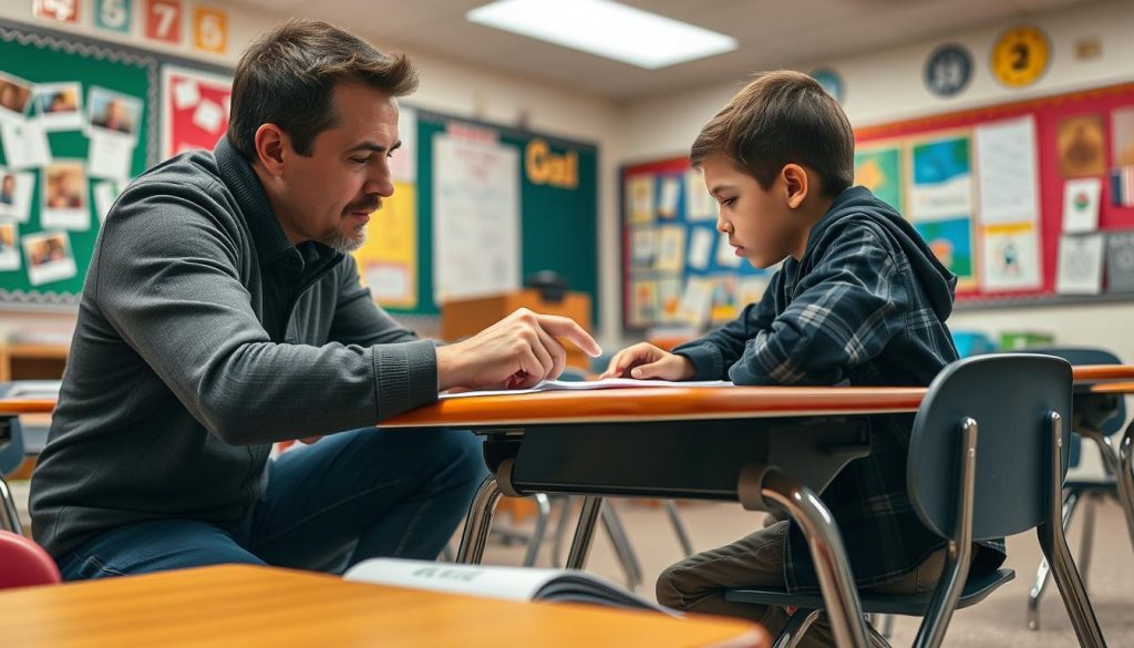 Teacher providing individual feedback to a student while pointing at their work