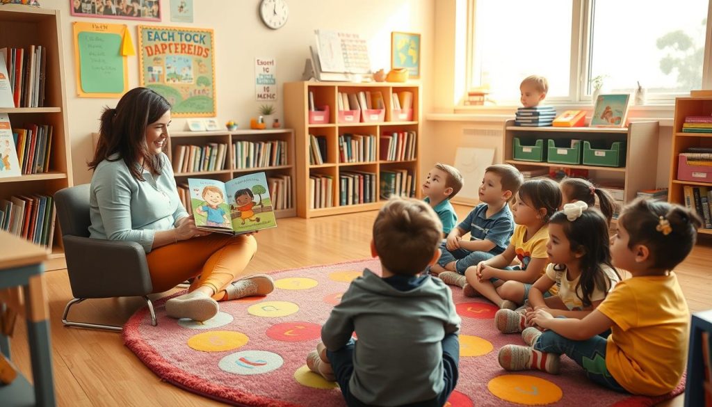 Teacher reading to a diverse group of elementary students in a classroom setting Teacher reading to a diverse group of elementary students in a classroom setting
