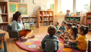 Teacher reading to a diverse group of elementary students in a classroom setting