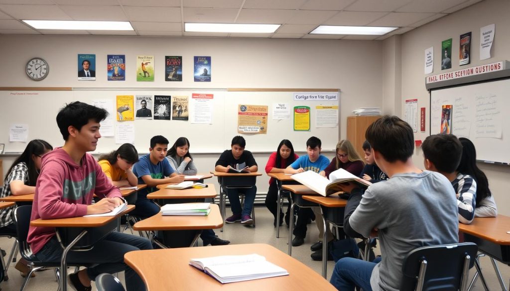 Teacher reading to middle school students who are actively engaged and taking notes