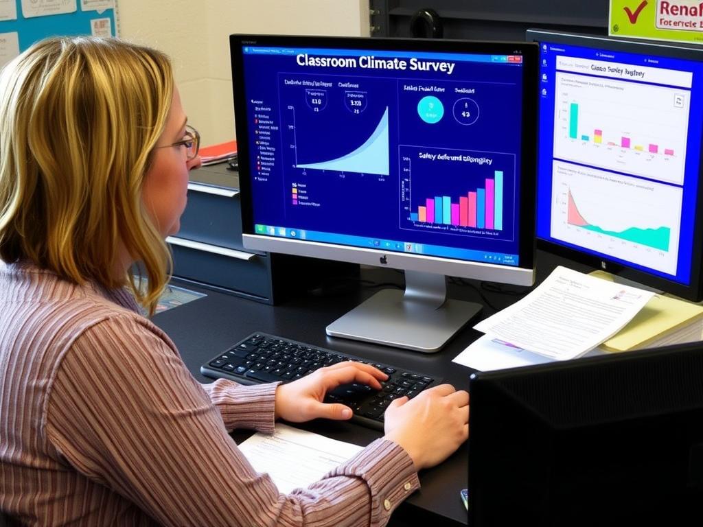 Teacher reviewing classroom climate survey results to assess safe environment effectiveness Teacher reviewing classroom climate survey results to assess safe environment effectiveness