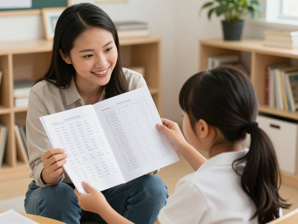 Teacher reviewing vocabulary assessment data with a student Teacher reviewing vocabulary assessment data with a student