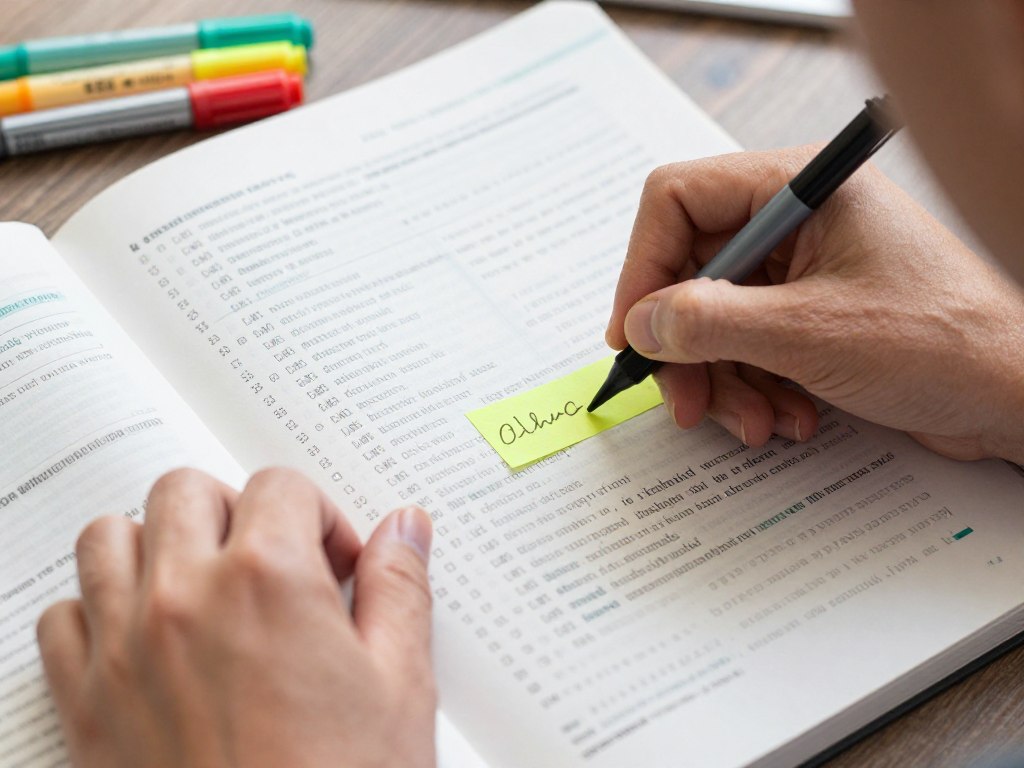 Teacher selecting vocabulary words from a textbook with highlighting and notes