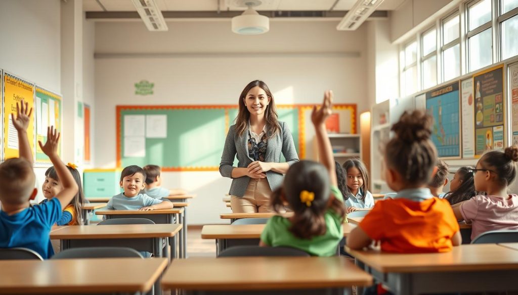Teacher standing at the front of a classroom with students engaged and raising hands