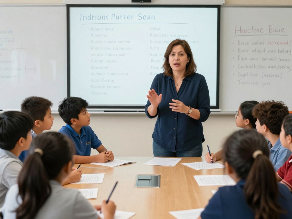 Teacher supporting English language learners with vocabulary development using the five key principles