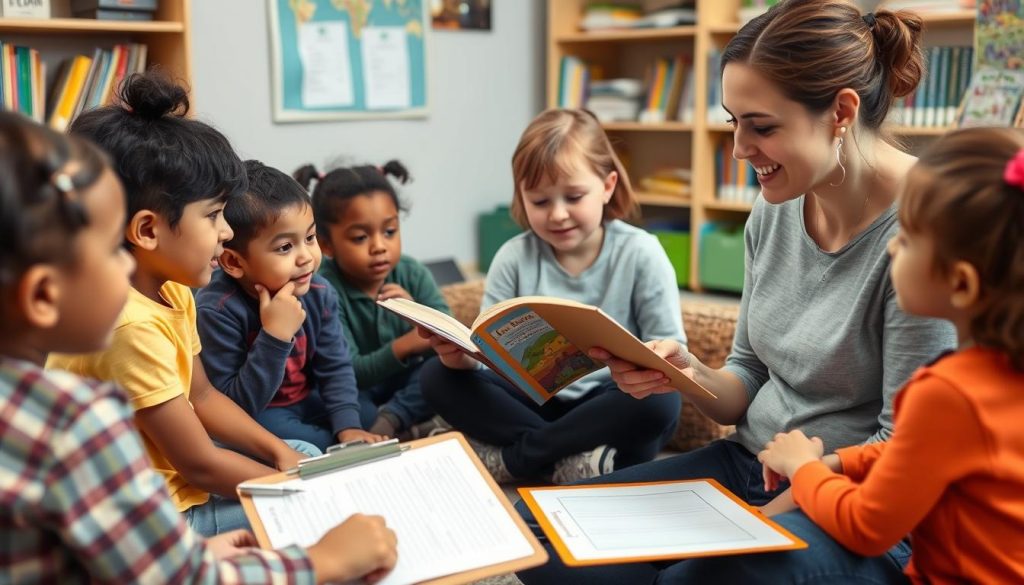 Teacher taking notes on student responses during a read-aloud session