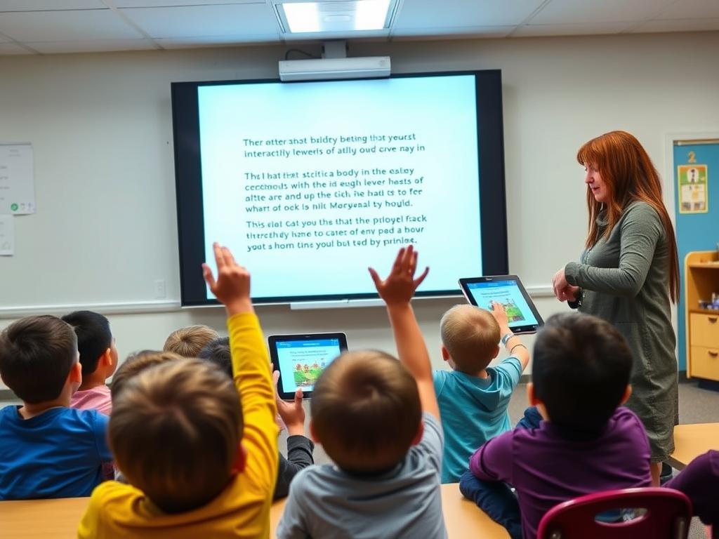Teacher using a tablet to share an interactive e-book with students