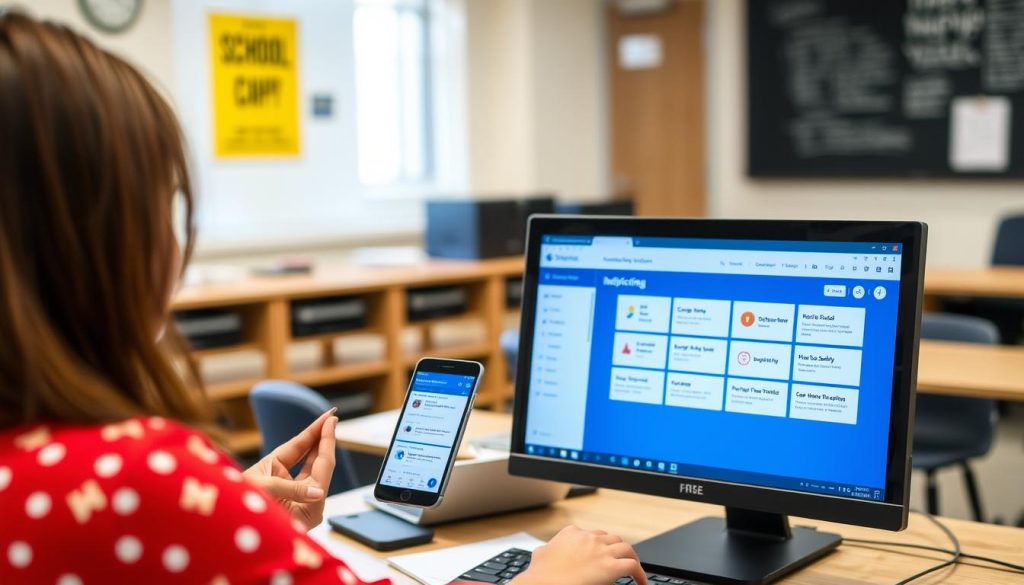 Teacher using school safety app on smartphone and computer Teacher using school safety app on smartphone and computer