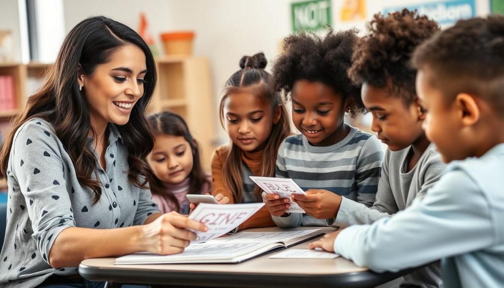 Teacher using science of reading techniques with elementary students highlighting the Teacher using science of reading techniques with elementary students highlighting the importance of reading