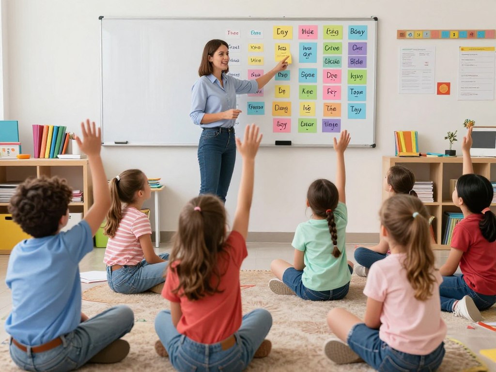 Teacher using visual aids and gestures to explain vocabulary words to engaged elementary students