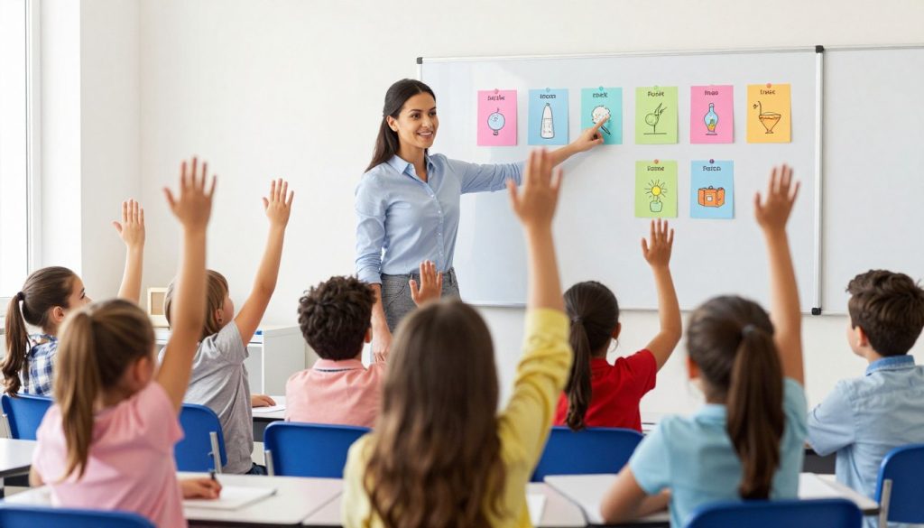 Teacher using visual aids for teaching vocabulary to elementary students