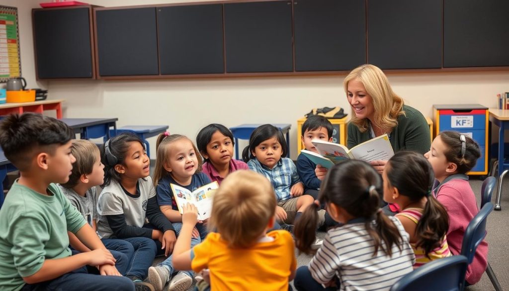 Teacher using visual supports while reading to a diverse group of students