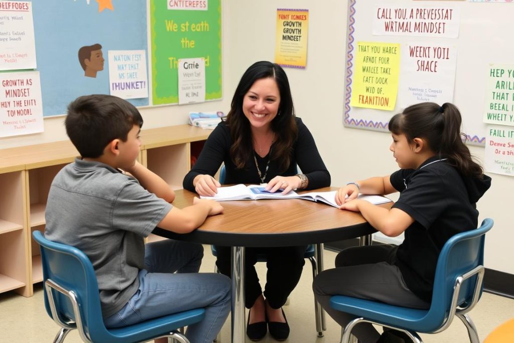 Teacher with a growth mindset working with students