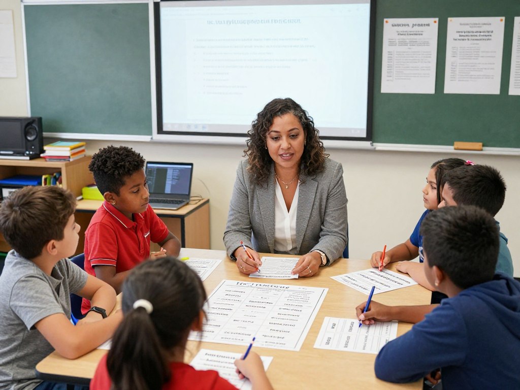 Teacher working with English Language Learners on vocabulary with visual supports