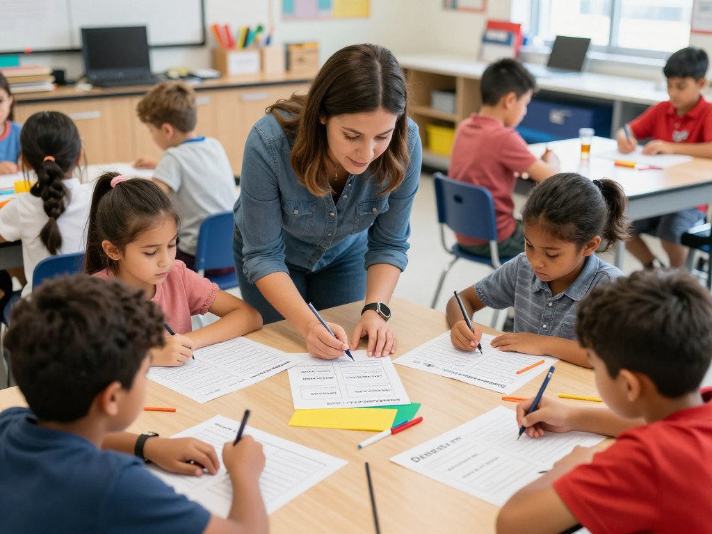 Teacher working with different groups on differentiated vocabulary activities
